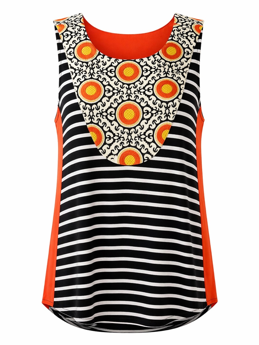 THML Size S Black White Striped Sleeveless Top Embroidered Boho Blouse Orange
